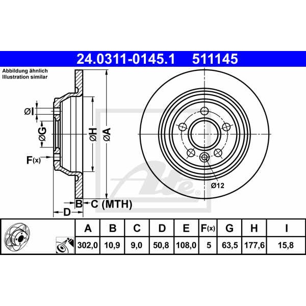 Слика на кочионен диск ATE PowerDisc 24.0311-0145.1 за Ford Mondeo 4 Turnier 2.0 LPG - 145 коњи Бензин/Автогаз (LPG)