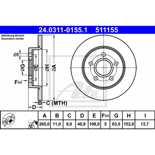 Слика на кочионен диск ATE PowerDisc 24.0311-0155.1 за Ford Focus 2 Estate (daw) 1.4 - 80 коњи бензин