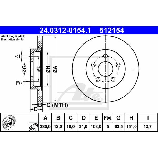 Слика на кочионен диск ATE PowerDisc 24.0312-0154.1 за Ford Mondeo MK 3 (B5Y) 1.8 16V - 125 коњи бензин