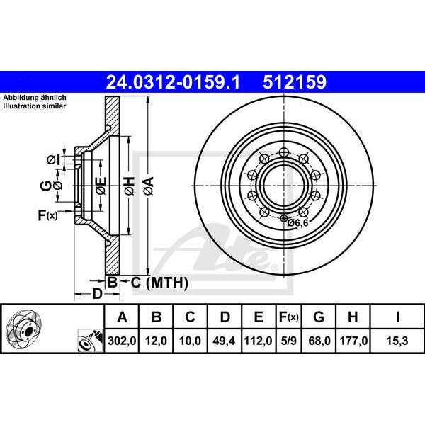 Слика на кочионен диск ATE PowerDisc 24.0312-0159.1 за Audi A6 Avant (4F5, C6) 3.0 TDI quattro - 240 коњи дизел