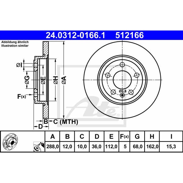 Слика на кочионен диск ATE PowerDisc 24.0312-0166.1 за Audi A4 Avant (8ED, B7) 2.7 TDI - 180 коњи дизел