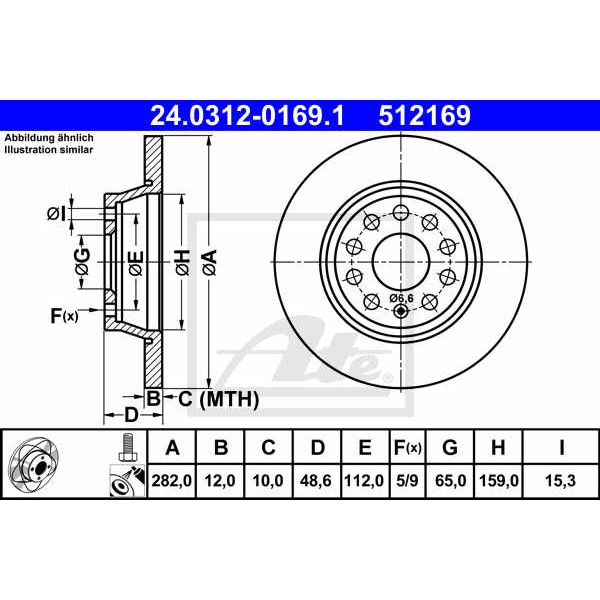 Слика на кочионен диск ATE PowerDisc 24.0312-0169.1 за Seat Toledo 3 (5P2) 2.0 FSI - 150 коњи бензин