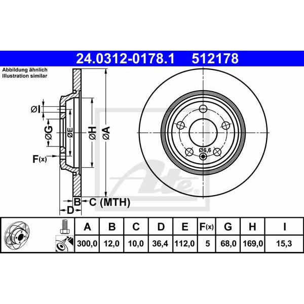 Слика на кочионен диск ATE PowerDisc 24.0312-0178.1 за Audi Q5 (8R) 2.0 TDI quattro - 163 коњи дизел