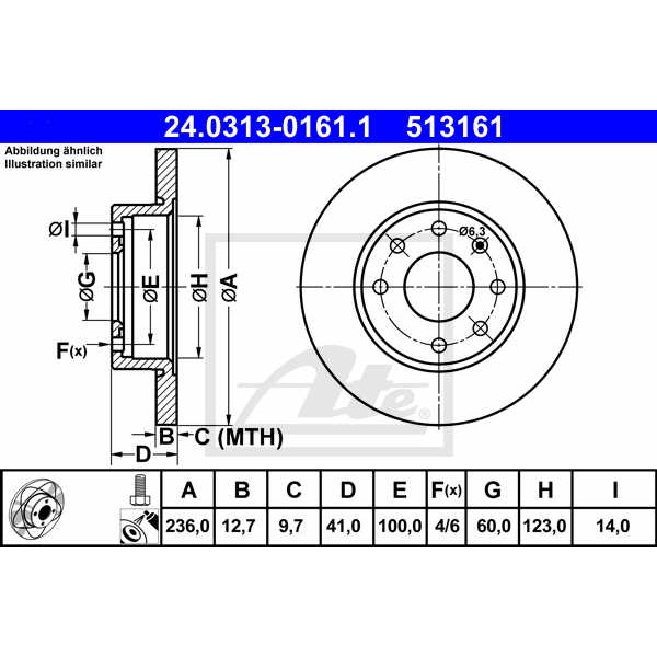 Слика на кочионен диск ATE PowerDisc 24.0313-0161.1 за Opel Kadett E Box 1.3 N - 60 коњи бензин