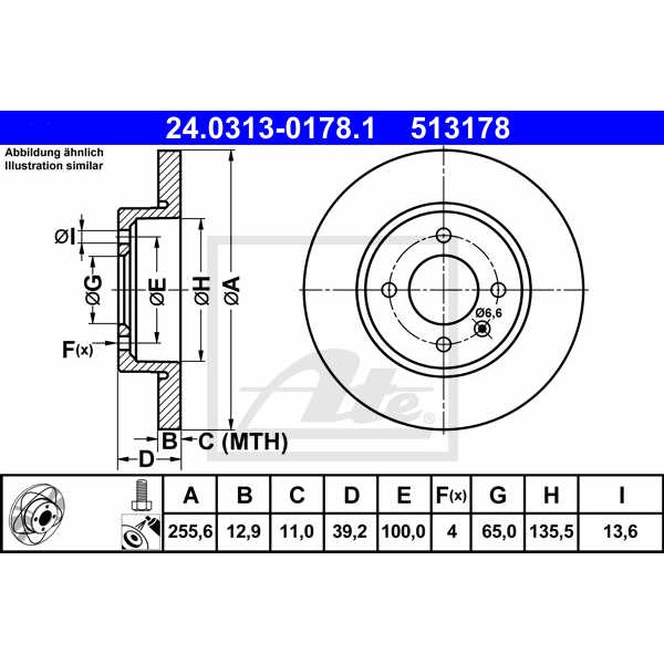 Слика на кочионен диск ATE PowerDisc 24.0313-0178.1 за VW Caddy 2 Box (9K9A) 1.9 SDI - 64 коњи дизел