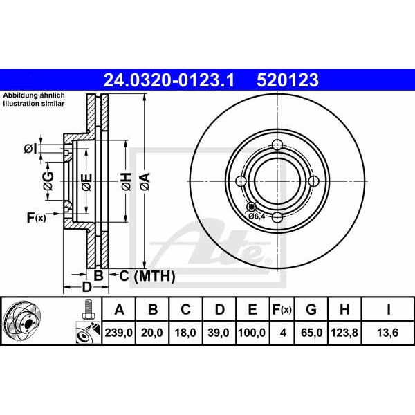 Слика на кочионен диск ATE PowerDisc 24.0320-0123.1 за Seat Toledo (1L) 1.9 TD - 75 коњи дизел