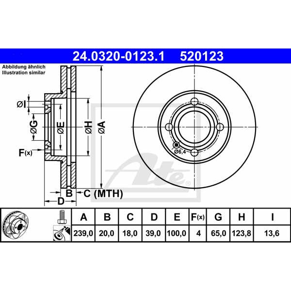 Слика на кочионен диск ATE PowerDisc 24.0320-0123.1 за VW Scirocco (53B) 1.8 - 112 коњи бензин