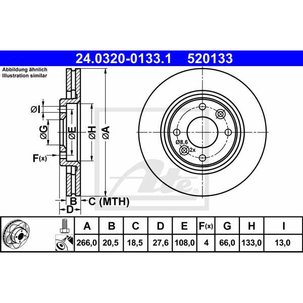 Слика на кочионен диск ATE PowerDisc 24.0320-0133.1 за Citroen Xantia Estate X1 1.8 i - 90 коњи бензин