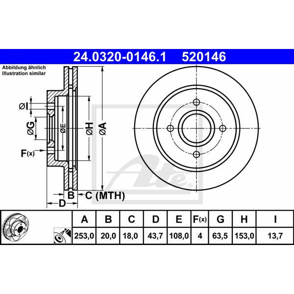 Слика на кочионен диск ATE PowerDisc 24.0320-0146.1 за Ford Mondeo 1 Clipper (BNP) 1.6 i 16V - 88 коњи бензин