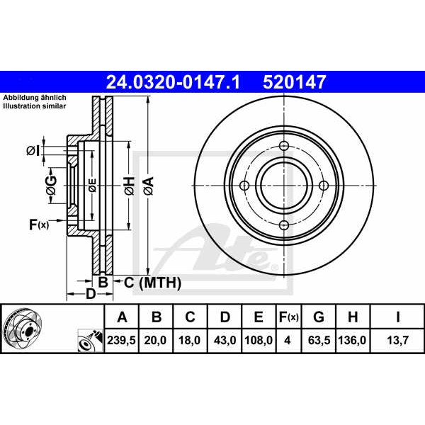 Слика на кочионен диск ATE PowerDisc 24.0320-0147.1 за Ford Escort 7 Saloon (gal,afl) 1.8 TD - 90 коњи дизел