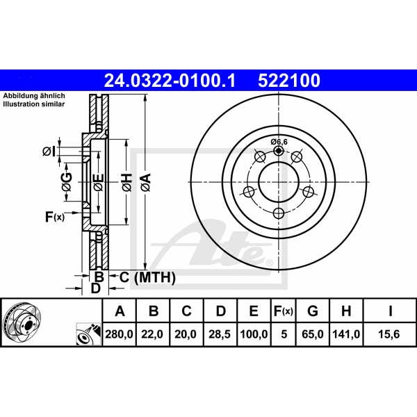 Слика на кочионен диск ATE PowerDisc 24.0322-0100.1 за Seat Toledo (1L) 1.6 i - 101 коњи бензин