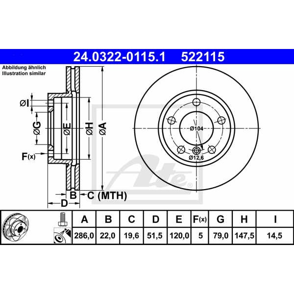 Слика на кочионен диск ATE PowerDisc 24.0322-0115.1 за BMW Z4 Cabrio E85 2.2 i - 170 коњи бензин