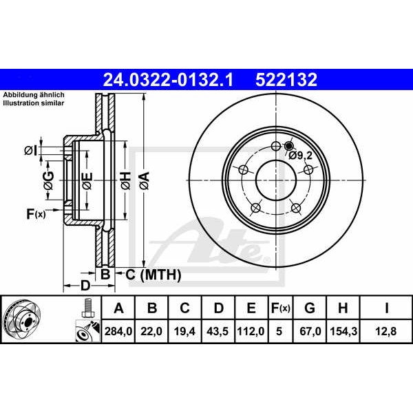 Слика на кочионен диск ATE PowerDisc 24.0322-0132.1 за Mercedes C-class Saloon (w202) C 220 CDI (202.133) - 125 коњи дизел