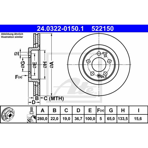 Слика на кочионен диск ATE PowerDisc 24.0322-0150.1 за VW Bora комби (1J6) 1.8 T - 180 коњи бензин