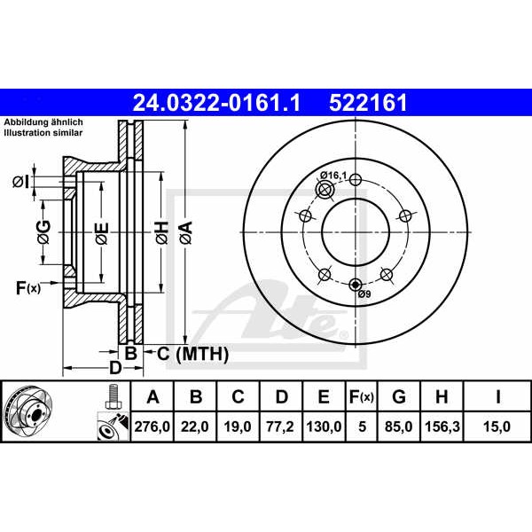 Слика на кочионен диск ATE PowerDisc 24.0322-0161.1 за Mercedes Sprinter 3-t Box (903) 314 NGT - 129 коњи Бензин/Метан (CNG)