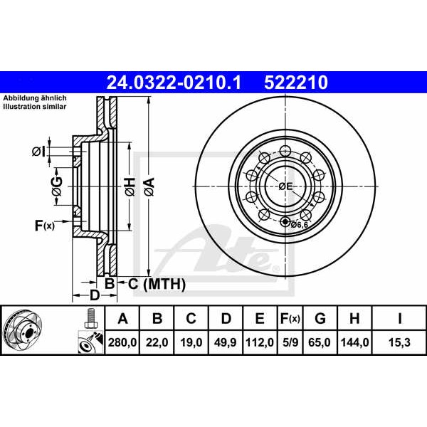 Слика на кочионен диск ATE PowerDisc 24.0322-0210.1 за Seat Toledo 3 (5P2) 2.0 TDI - 140 коњи дизел