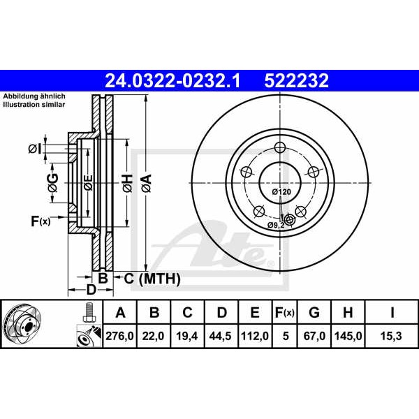 Слика на кочионен диск ATE PowerDisc 24.0322-0232.1 за Mercedes B-Class (w245) B 150 (245.231) - 95 коњи бензин