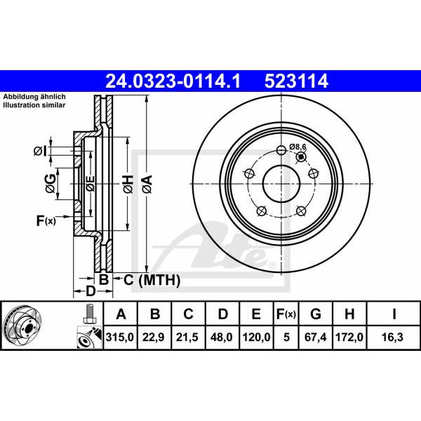 Слика на кочионен диск ATE PowerDisc 24.0323-0114.1 за Saab 9-5 Sedan (YS3G) 2.0 TiD - 160 коњи дизел