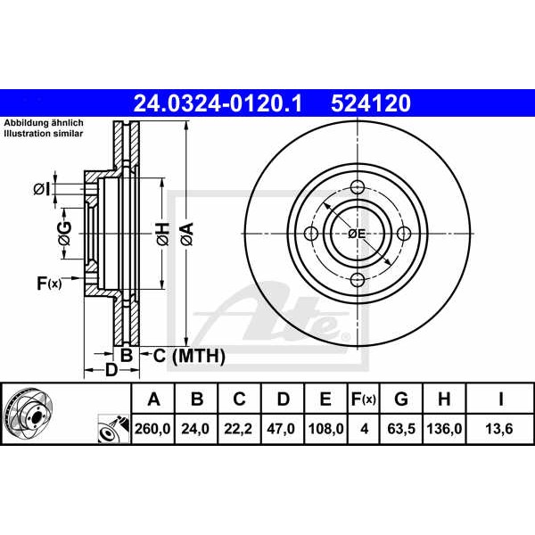 Слика на кочионен диск ATE PowerDisc 24.0324-0120.1 за Ford Mondeo 1 Clipper (BNP) 2.0 i 16V - 132 коњи бензин