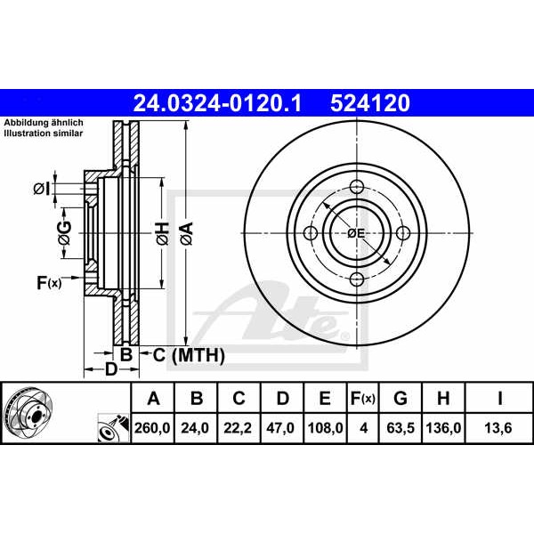 Слика на кочионен диск ATE PowerDisc 24.0324-0120.1 за Ford Mondeo 1 (GBP) 1.6 i 16V - 88 коњи бензин