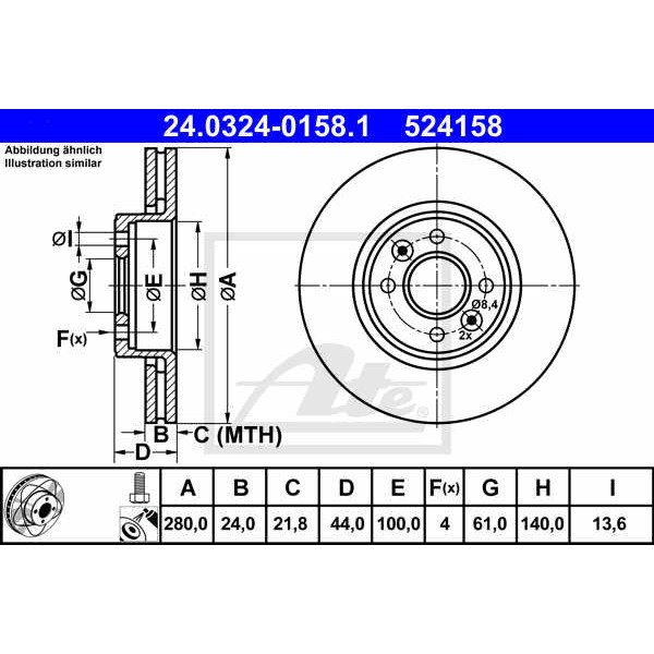 Слика на кочионен диск ATE PowerDisc 24.0324-0158.1 за Renault Laguna Nevada (K56) 3.0 24V (K56V) - 190 коњи бензин