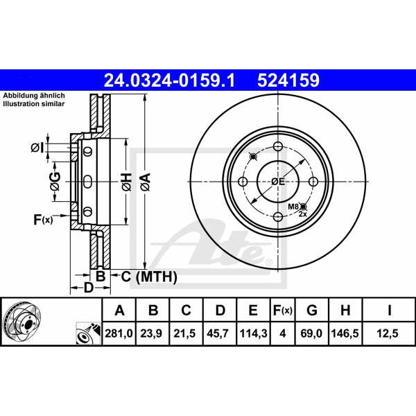 Слика на кочионен диск ATE PowerDisc 24.0324-0159.1 за Volvo S40 Sedan (VS) 2.0 T - 163 коњи бензин