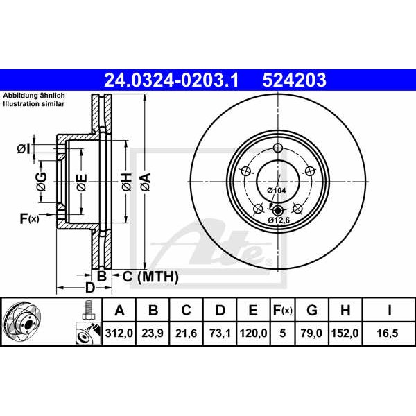 Слика на кочионен диск ATE PowerDisc 24.0324-0203.1 за BMW 3 Sedan F30 F35 F80 320 d - 200 коњи дизел