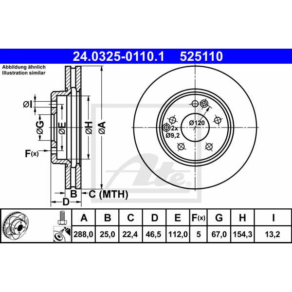 Слика на кочионен диск ATE PowerDisc 24.0325-0110.1 за Mercedes C-class Saloon (w203) C 220 CDI (203.008) - 150 коњи дизел