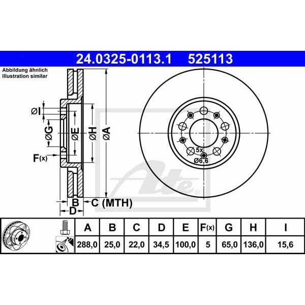 Слика на кочионен диск ATE PowerDisc 24.0325-0113.1 за Seat Ibiza 5 ST (6J8) 1.2 TSI - 110 коњи бензин