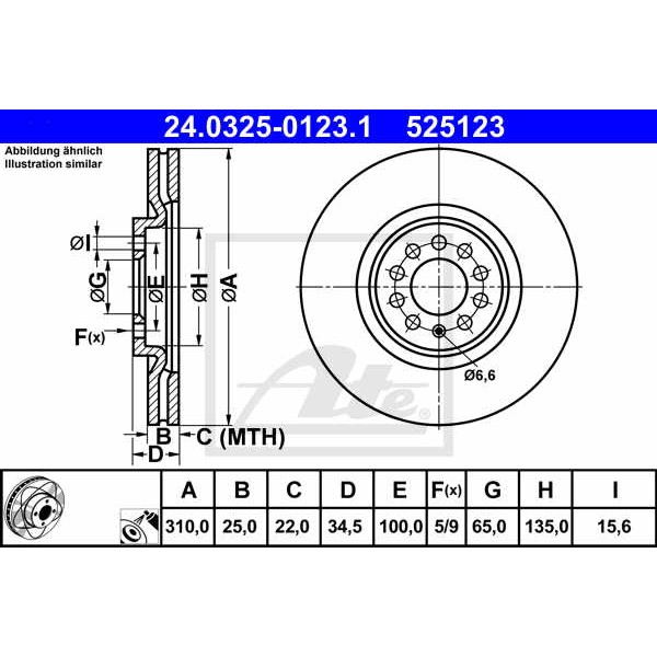 Слика на кочионен диск ATE PowerDisc 24.0325-0123.1 за VW Jetta 4 Estate (1J6) 2.3 V5 - 170 коњи бензин