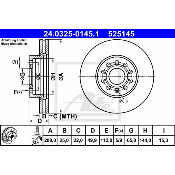 Слика на кочионен диск ATE PowerDisc 24.0325-0145.1 за Seat Toledo 3 (5P2) 2.0 FSI - 150 коњи бензин