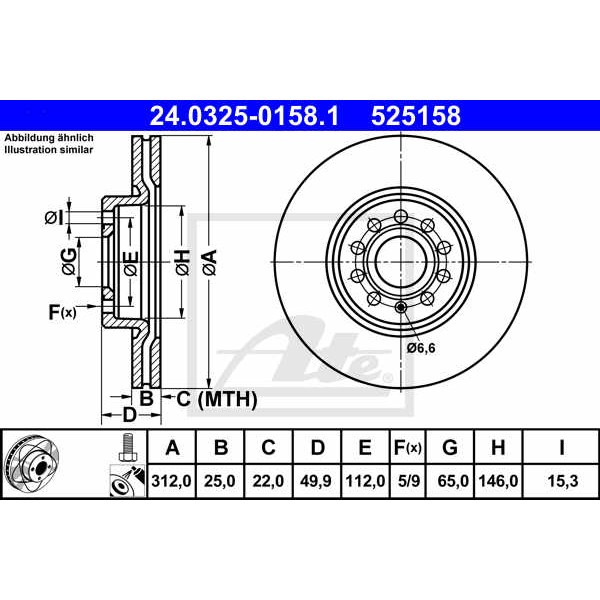 Слика на кочионен диск ATE PowerDisc 24.0325-0158.1 за Audi A1 (8X1) 1.2 TFSI - 86 коњи бензин