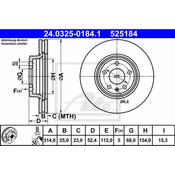 Слика на кочионен диск ATE PowerDisc 24.0325-0184.1 за Audi A4 Avant (8K5, B8) 2.0 TFSI - 224 коњи бензин