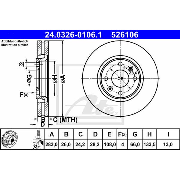 Слика на кочионен диск ATE PowerDisc 24.0326-0106.1 за Peugeot 406 Saloon 2.0 HDI 90 - 90 коњи дизел