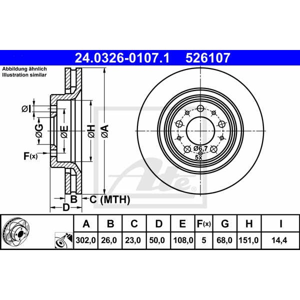 Слика на кочионен диск ATE PowerDisc 24.0326-0107.1 за Volvo C70 Coupe 2.5 - 170 коњи бензин