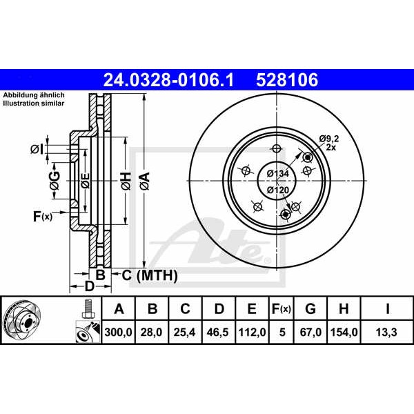 Слика на кочионен диск ATE PowerDisc 24.0328-0106.1 за Mercedes CLK Convertible (a209) CLK 240 (209.461) - 170 коњи бензин