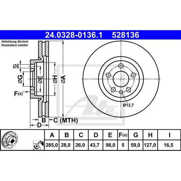 Слика на кочионен диск ATE PowerDisc 24.0328-0136.1 за Citroen C8 EA,EB 2.0 HDi - 109 коњи дизел