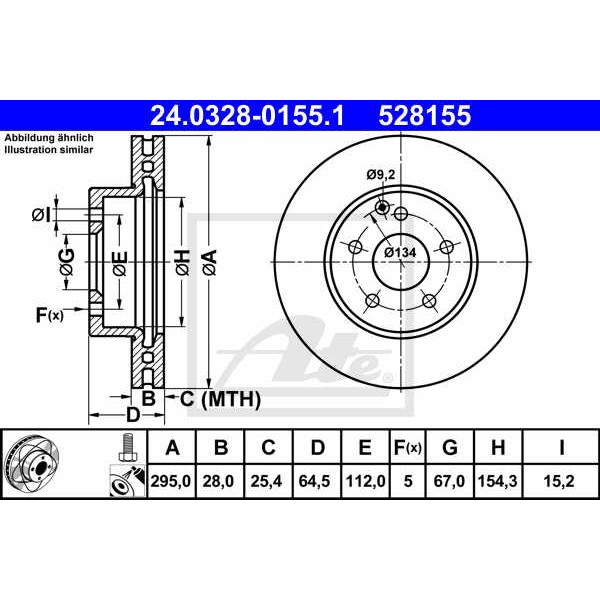 Слика на кочионен диск ATE PowerDisc 24.0328-0155.1 за Mercedes C-class Estate (s204) C 220 CDI (204.202) - 170 коњи дизел