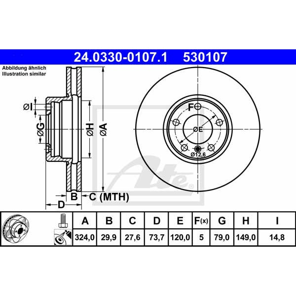 Слика на кочионен диск ATE PowerDisc 24.0330-0107.1 за BMW 5 Touring E39 520 i - 150 коњи бензин