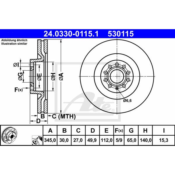 Слика на кочионен диск ATE PowerDisc 24.0330-0115.1 за VW EOS (1F7,1F8) 2.0 TFSI - 200 коњи бензин