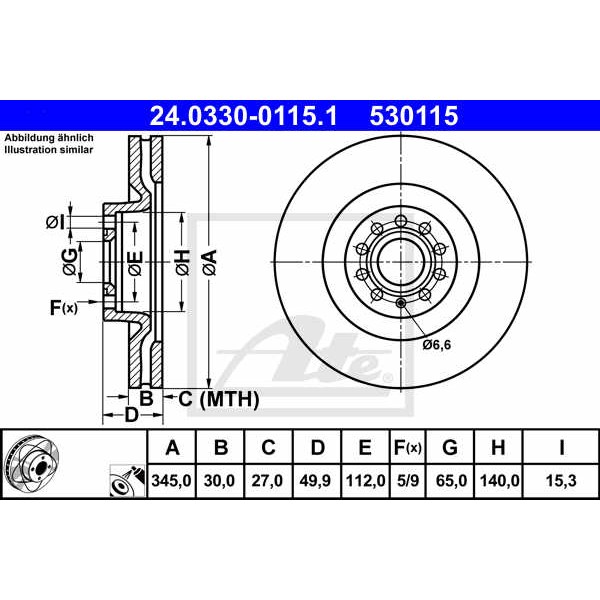 Слика на кочионен диск ATE PowerDisc 24.0330-0115.1 за VW Passat 6 Sedan (B6,3c2) 1.6 TDI - 105 коњи дизел