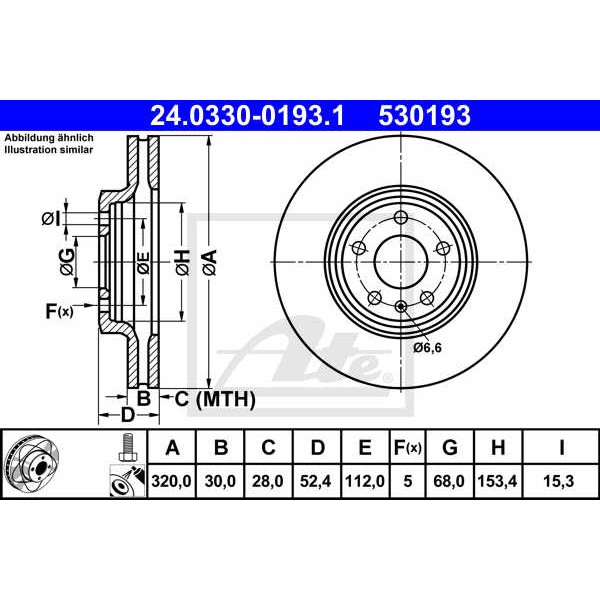 Слика на кочионен диск ATE PowerDisc 24.0330-0193.1 за Audi A4 Sedan (8K2, B8) 3.2 FSI - 265 коњи бензин