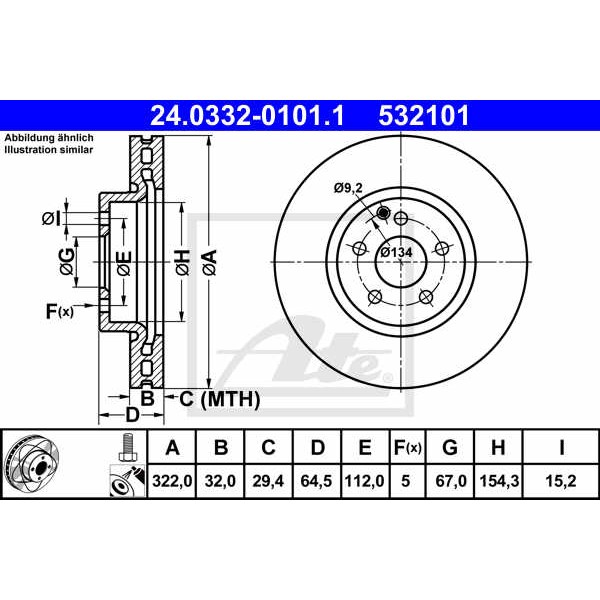 Слика на кочионен диск ATE PowerDisc 24.0332-0101.1 за Mercedes C-class Estate (s204) C 350 CDI - 224 коњи дизел