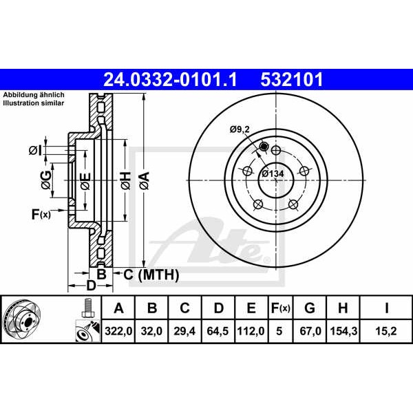 Слика на кочионен диск ATE PowerDisc 24.0332-0101.1 за Mercedes E-class Saloon (w212) E 350 BlueTEC 4-matic (212.094) - 258 коњи дизел