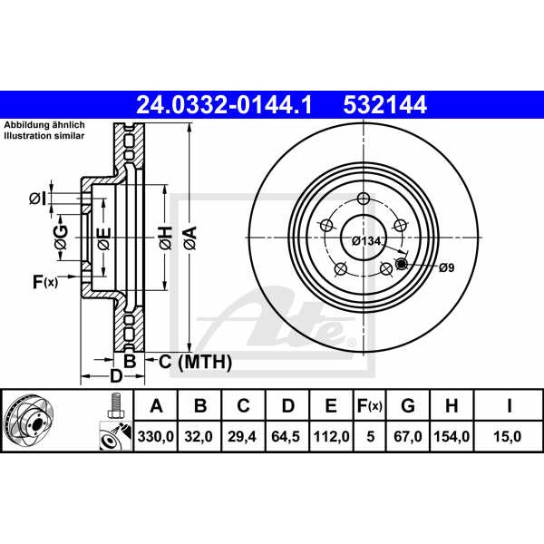 Слика на кочионен диск ATE PowerDisc 24.0332-0144.1 за Mercedes E-class Estate (s211) E 500 T (211.270) - 306 коњи бензин