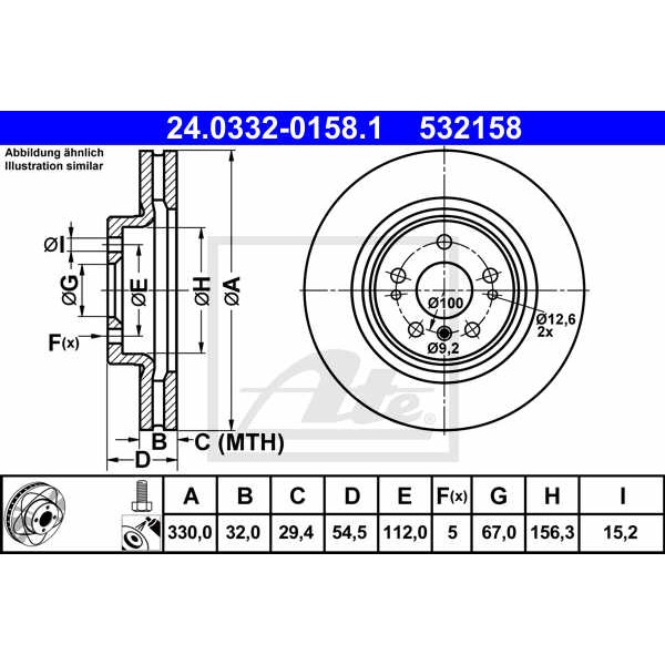 Слика на кочионен диск ATE PowerDisc 24.0332-0158.1 за Mercedes ML-class (w164) ML 350 CDI 4-matic (164.122) - 224 коњи дизел