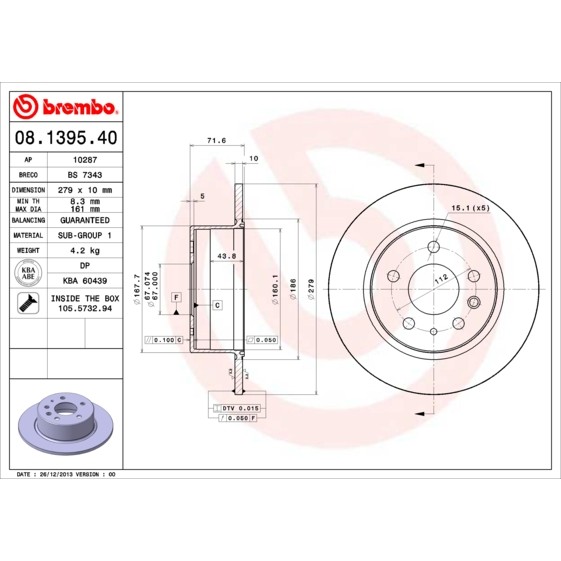 Слика на кочионен диск BREMBO 08.1395.40 за Mercedes-Benz S-class (w126) 260 SE (126.020) - 160 коњи бензин