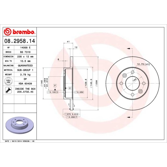 Слика на кочионен диск BREMBO 08.2958.14 за Dacia Sandero 1.5 dCi - 68 коњи дизел