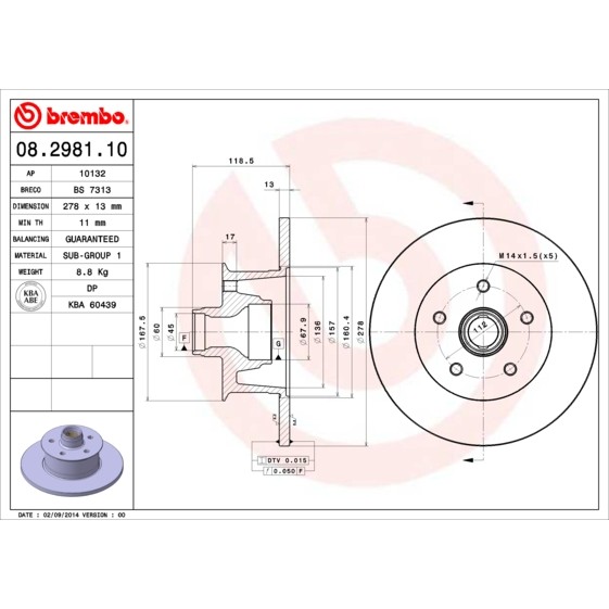 Слика на кочионен диск BREMBO 08.2981.10 за VW Transporter T3 Bus 2.1 - 95 коњи бензин