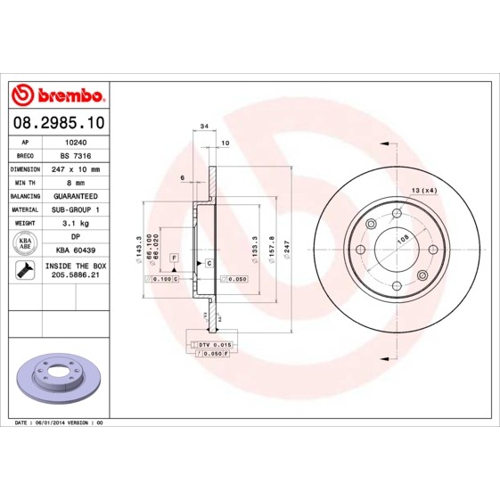 Слика на кочионен диск BREMBO 08.2985.10 за Peugeot 206 SW 1.1 - 60 коњи бензин